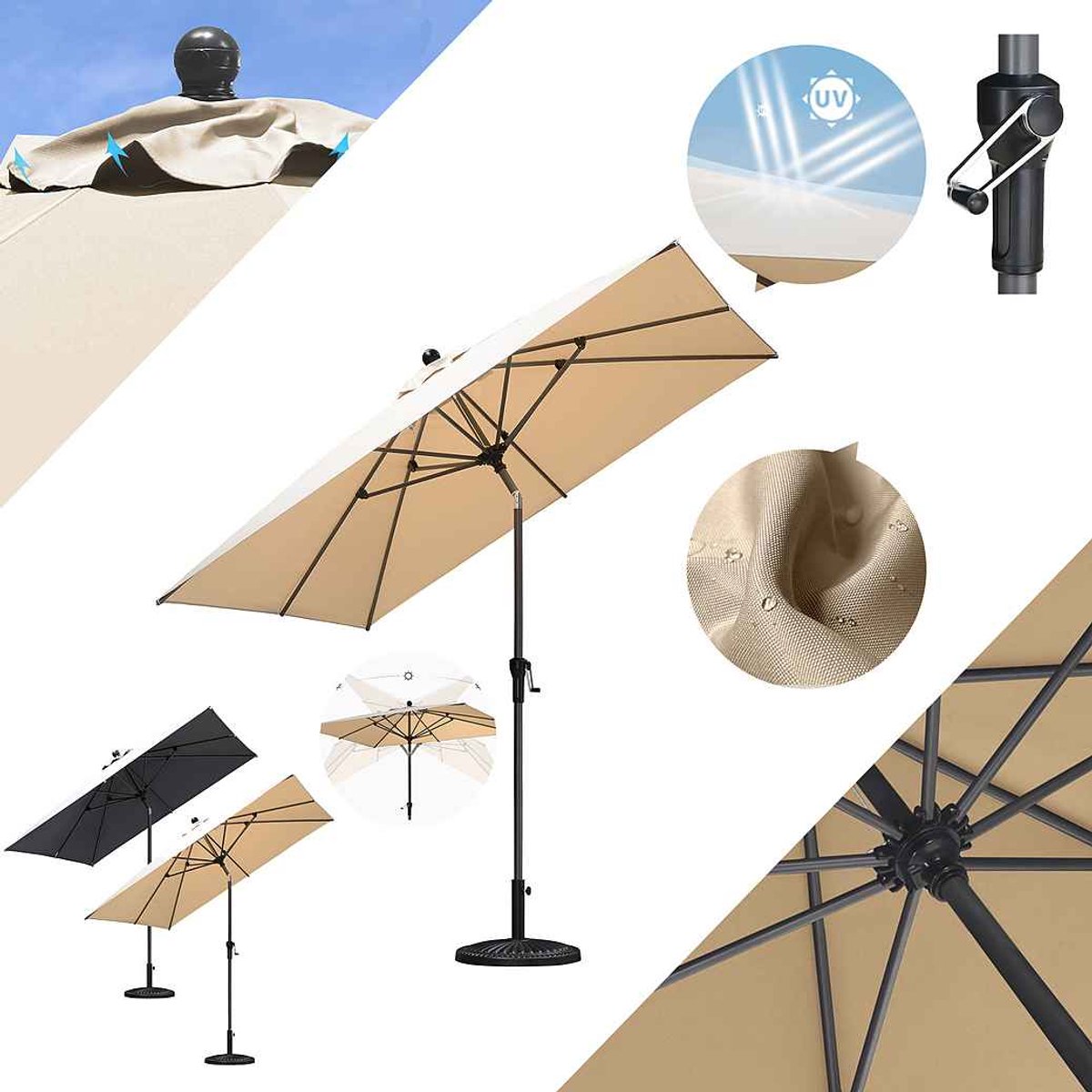 PURPLE LEAF vierkante parasol — parasol voor op het balkon of terras met centrale parasolstok — naar voren en naar achteren kantelbaar — beige — UV50+