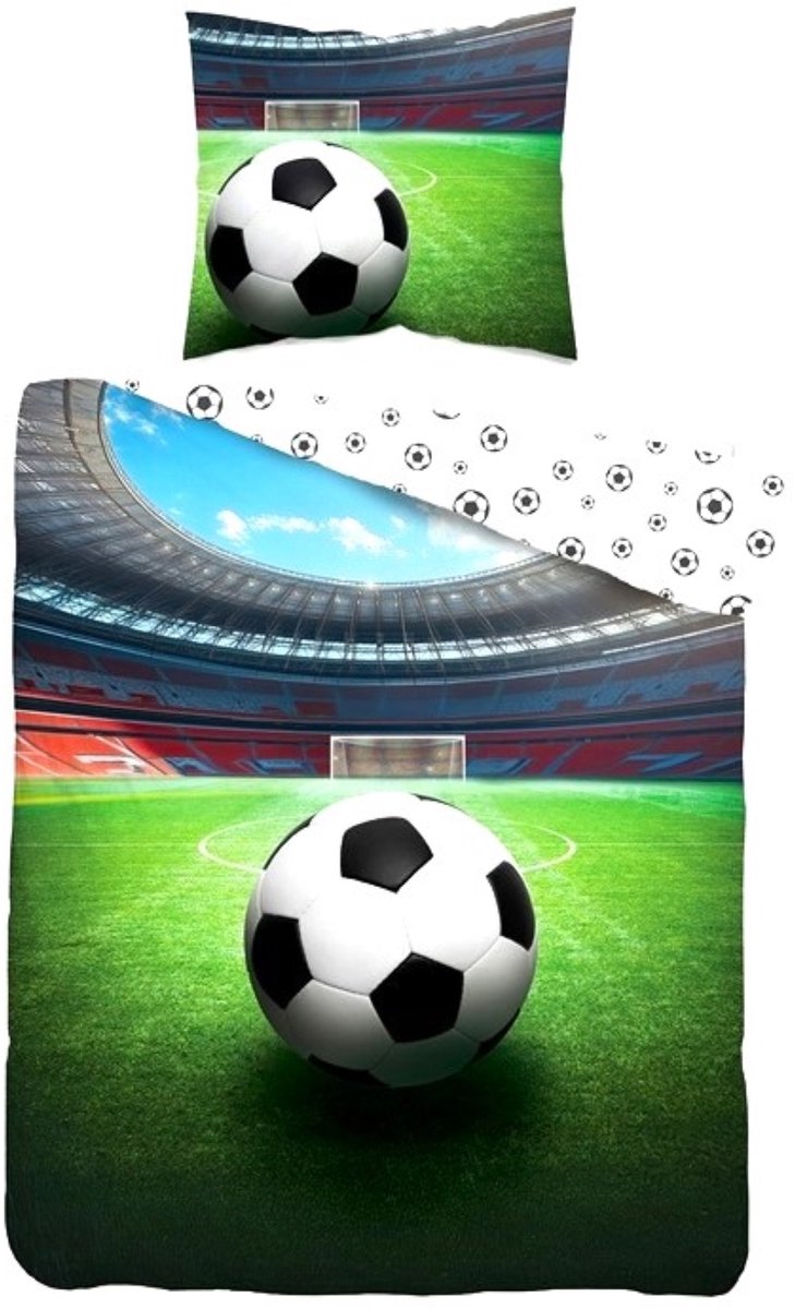 1-persoons jongens dekbedovertrek (dekbed hoes) “voetbalstadion” met voetbal / bal op het gras van het voetbalveld KATOEN eenpersoons 140 x 200 cm