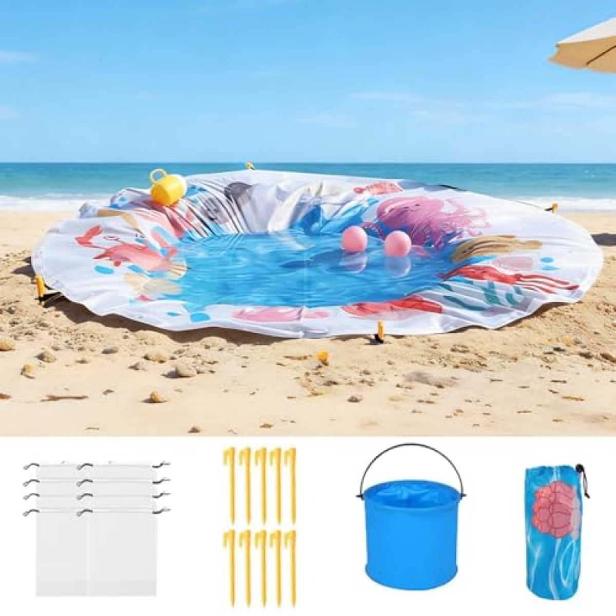 ModernStore Opvouwbaar Strandzwembad voor Peuters - 140 cm Rond - Met Draagtas en Haringen - Veilig Spelen op het Strand