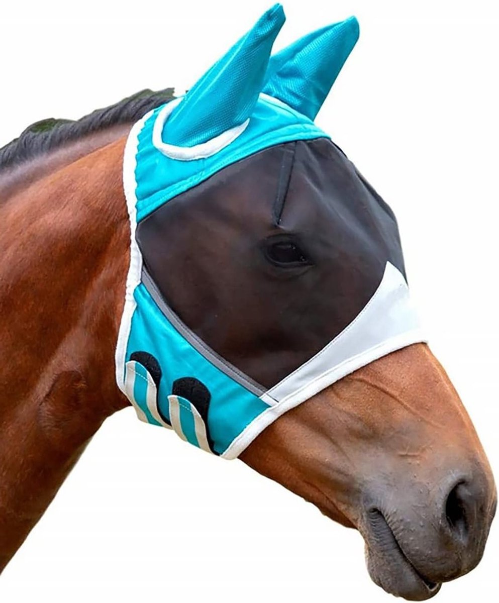 Ademend Vliegendek met Oren voor Paarden - Anti-Muggen Bescherming in Blauw en Wit - Ideaal voor Buitenactiviteiten