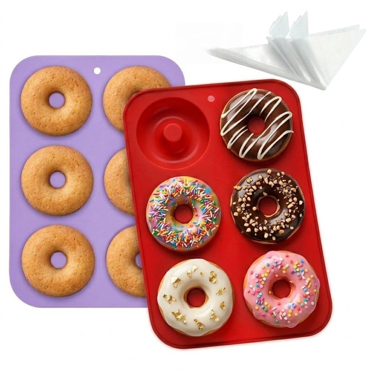 Dailygoods - 2 Stuks Siliconen Donuts Uitsteekvormen voor Koekjes - Rood en Paars