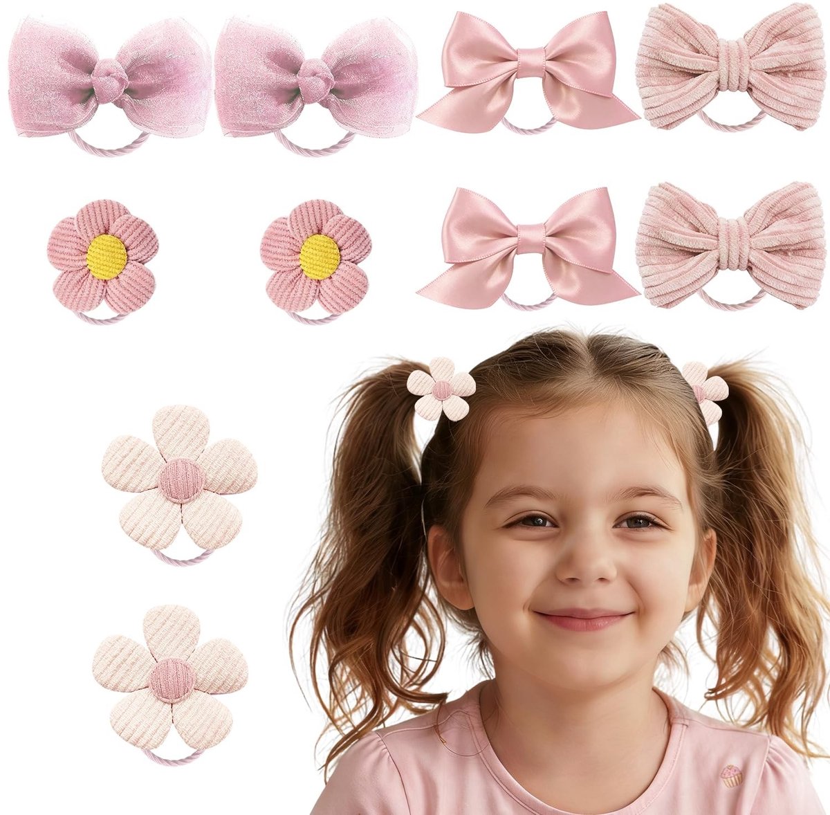 Dailygoods - 10 Stuks Meisjes Haarelastieken met Roze Strik en Bloem