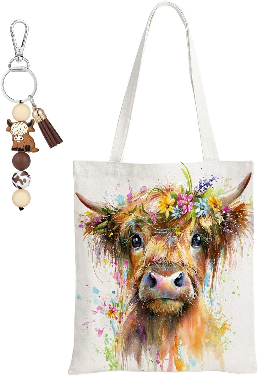 Dailygoods - Hooglander Geschenkset voor Dames, Canvas Tote Bag en Sleutelhanger