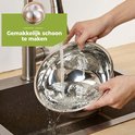 RVS mengkom wordt onder de kraan schoongemaakt.