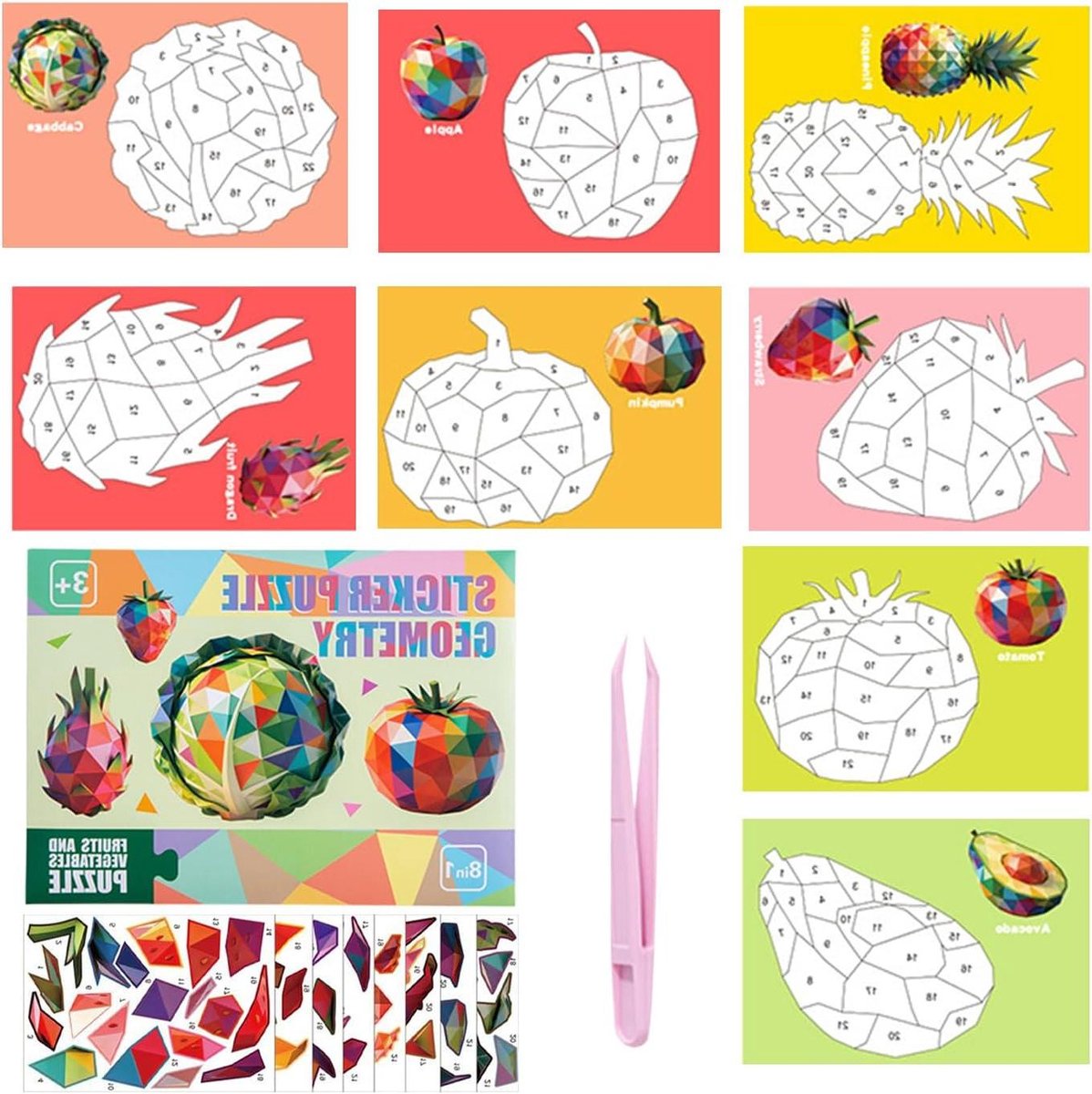 Puzzelstickers Set - Collage Maken - Educatief Knutselen - Genummerde Combinaties - 8 Stuks - Groente Fruit Stijl