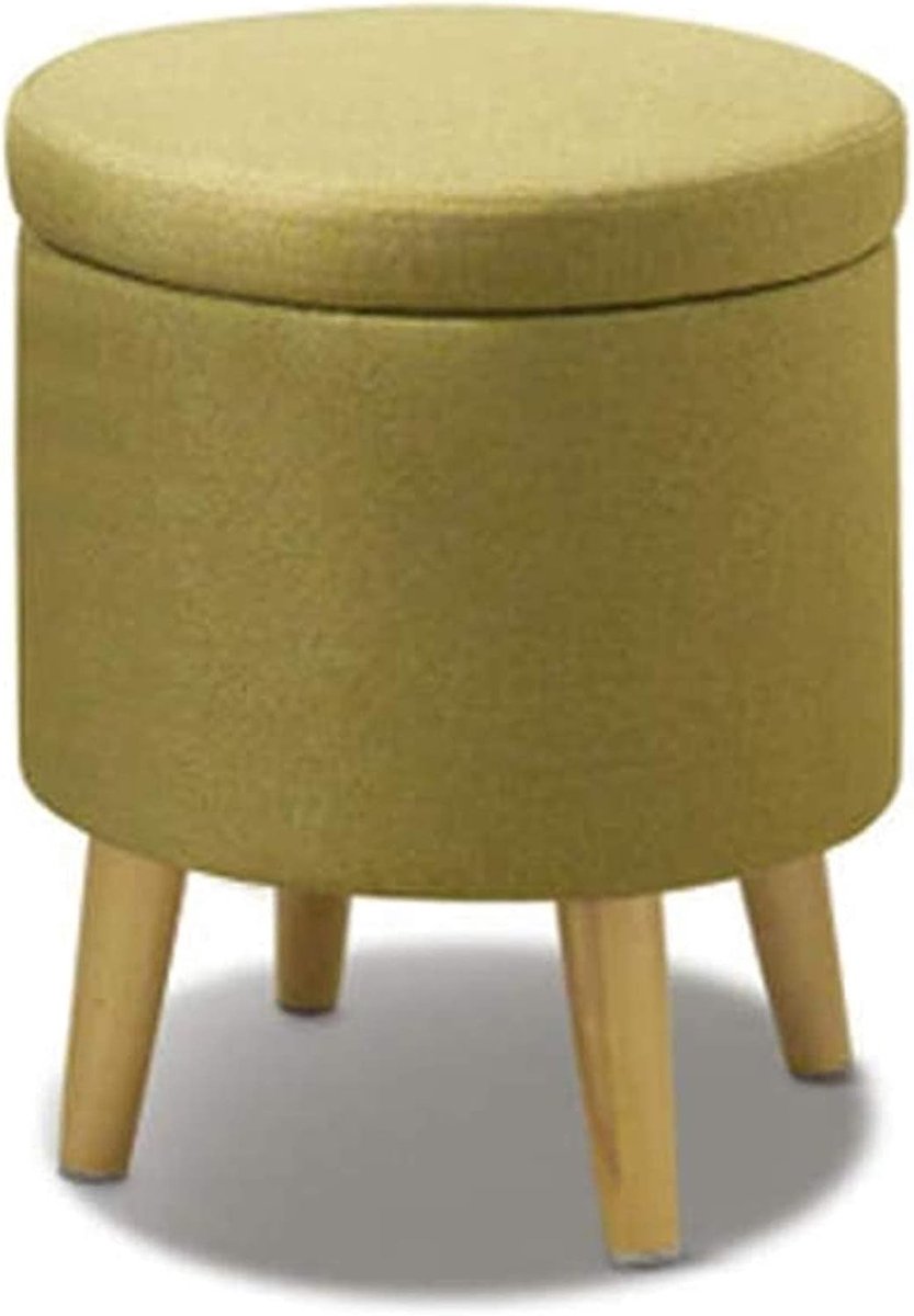 Voetenbank met Opslag - Ronde Poef - Extra Zitplaats - Massief Houten Basis - 36x36x46cm - Veelkleurig