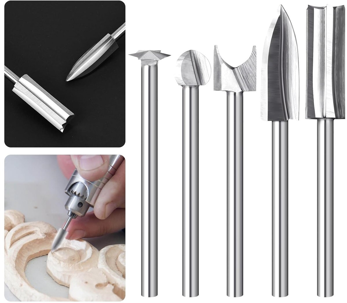 Set van 5 HSS Houtbewerkingsgereedschappen, Snij- en Freesgereedschap voor Dremel, Diverse Snijbits met 3mm Schacht voor DIY Houtbewerking en Boren