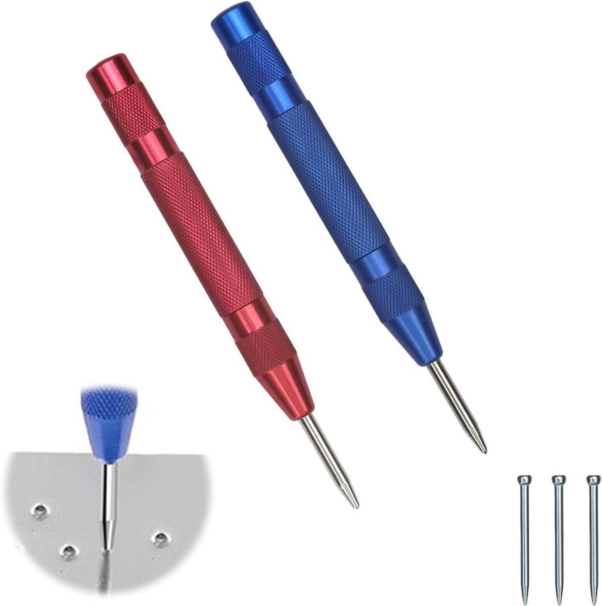 2 x Automatische Centre Punch 130 mm met 3 Reservepunten, Verstelbare Spanning, Geschikt voor Metaal, Hout en Glas