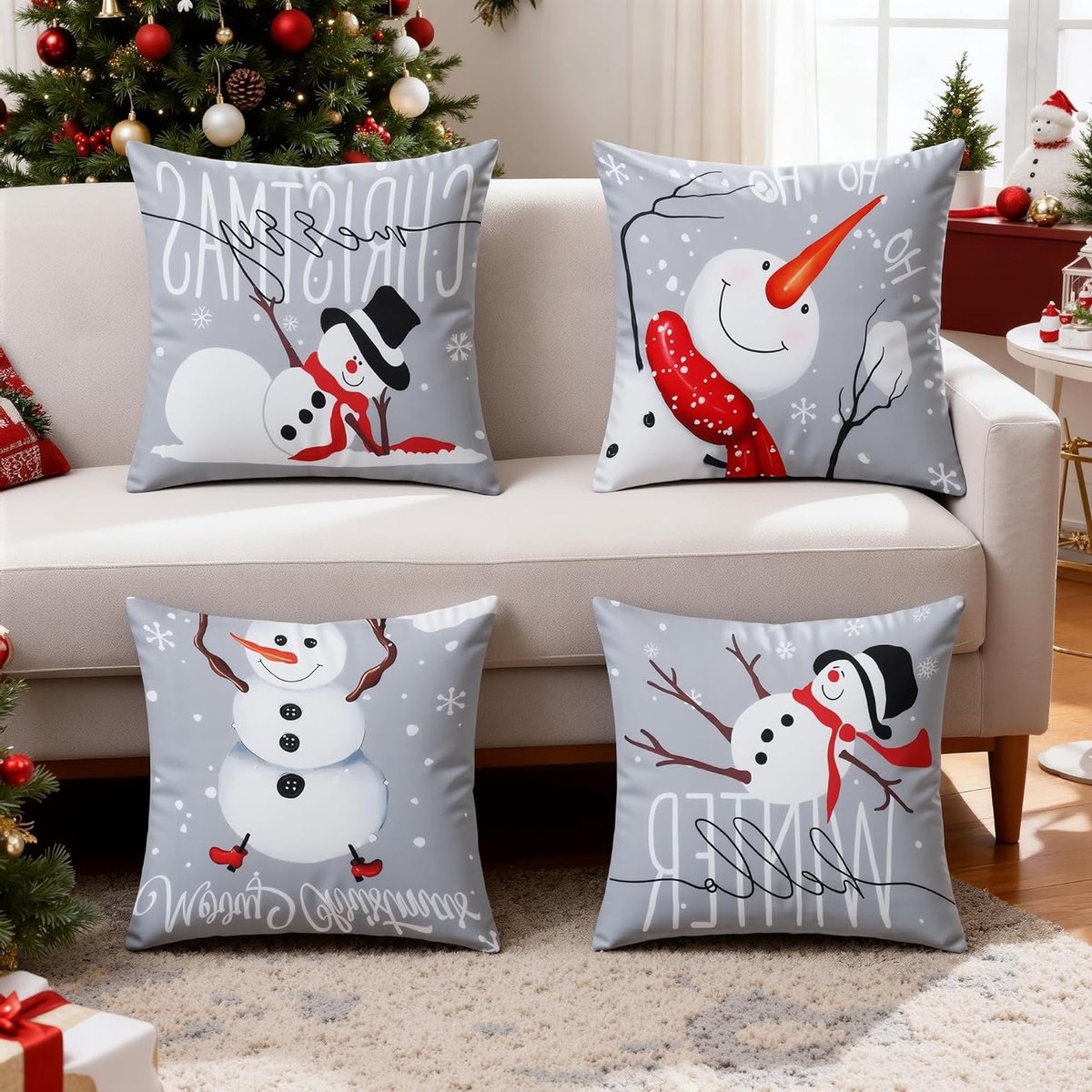 Kerst Kussenhoezen Set van 4 - Zachte Kussenhoezen 45 x 45 cm met Winterpatroon voor Woonkamer en Bankdecoratie (Sneeuwman)