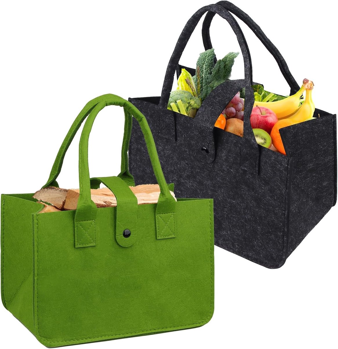 Complete XXL 2 Favoriete Grijze en 1 Groene Winkelmand & Tassen - Gepersonaliseerde Vilt Shopper en Opvouwbare Mand voor Hout en Boodschappen