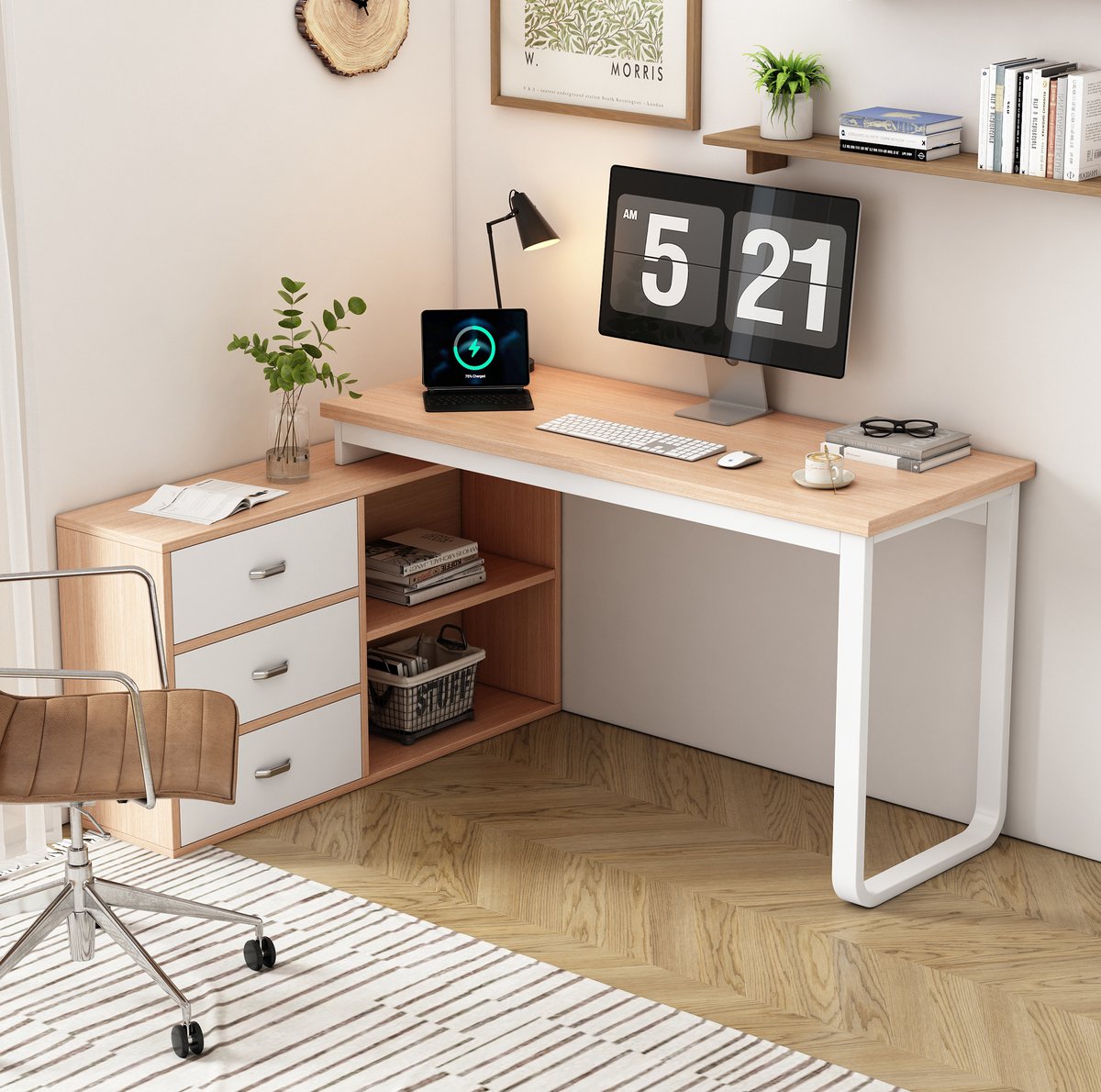 FloraGrace Bureau - Met 3 Lades En 2 Open Vakken - Ruim Werkblad Voor Thuiswerk En Kantoor - MDF En Metaal - 147x100x75,3 Cm - Naturel Wit