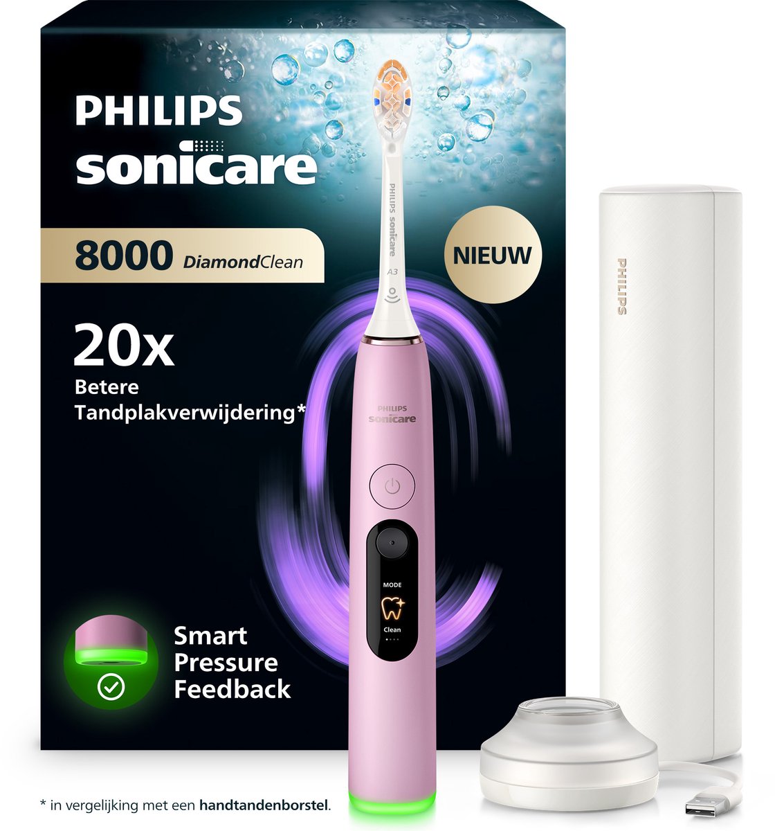 Philips Sonicare Next-Generation DiamondClean 8000 Elektrische Tandenborstel - Slimme Poetsdruksensor, Persoonlijke Coaching, Wittere Tanden & Gezonder Tandvlees - Blossom Pink - HX8311/15