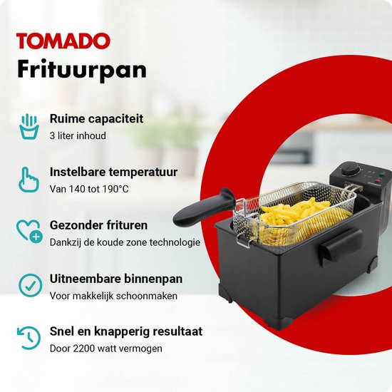 Zwarte Tomado friteuse TDF3001B met 3 liter inhoud, mandje met friet, en een close-up van de bediening.