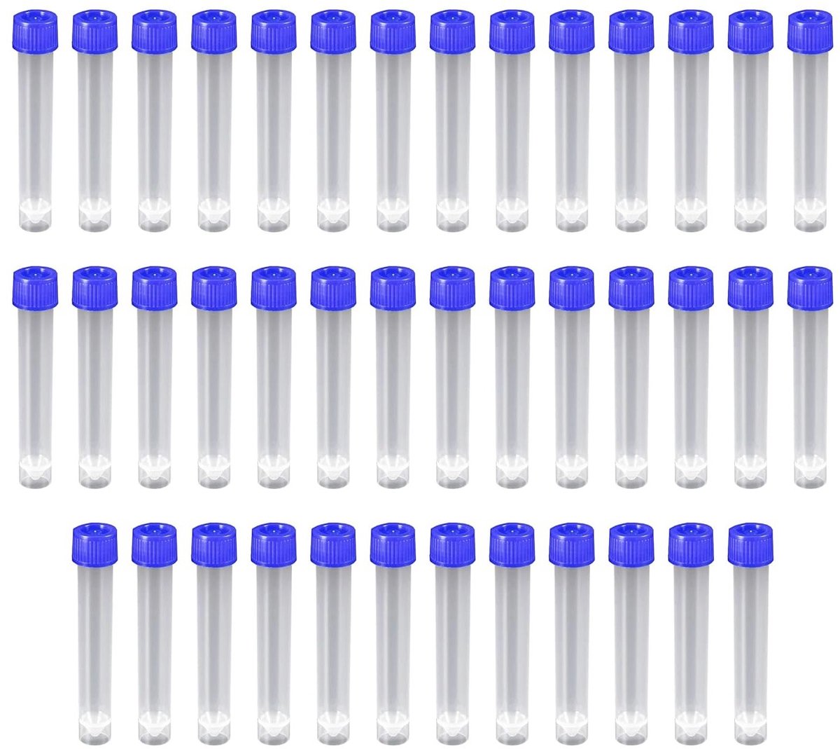 Set van 40 Transparante Laboratoriumproefbuizen van 10 ml met Blauwe Deksel en Schaalverdeling voor Precisieonderzoek