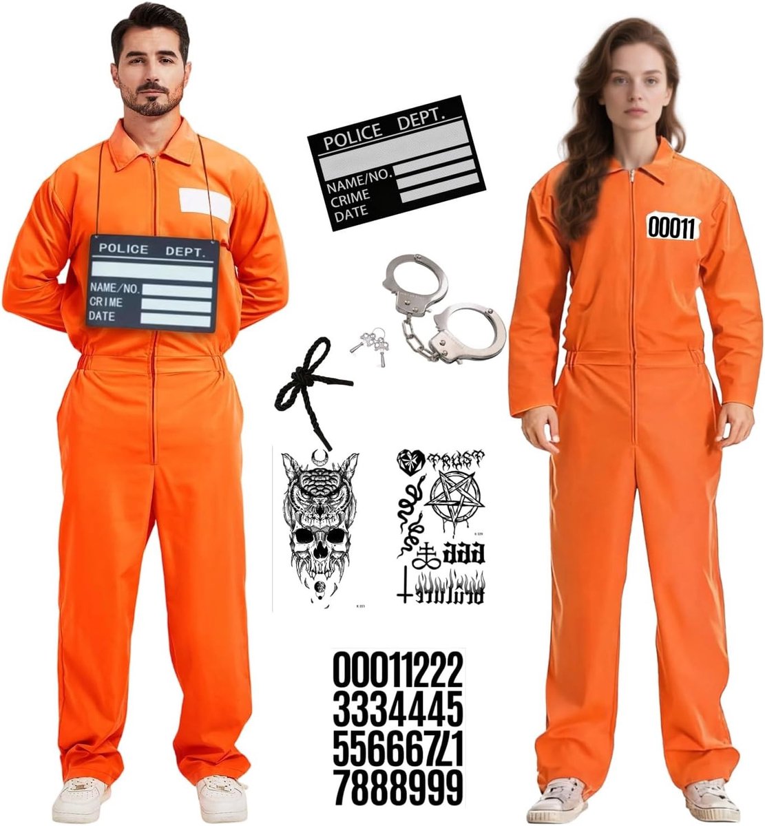 Strafgevangenis Kostuum voor Mannen en Vrouwen, Oranje Overall Outfit met Handboeien, Naamlabel en Tattoos voor Volwassenen, Perfect voor Halloween en Carnaval