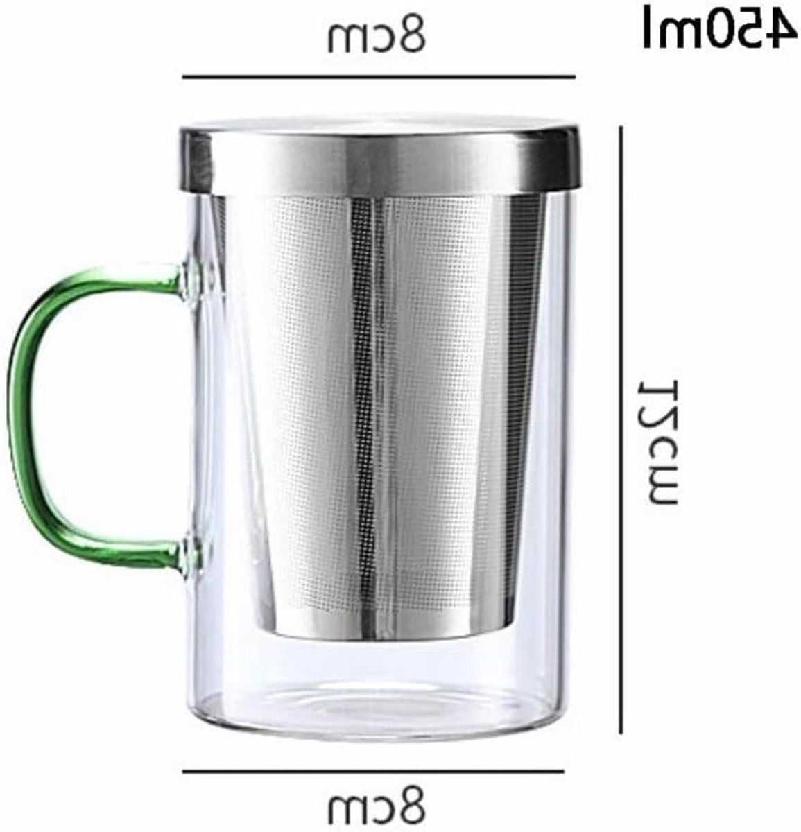 Glazen theekop van 450 ml met zeef en deksel, ideaal voor het zetten van thee, inclusief roestvrijstalen filter en comfortabel handvat voor optimaal drinkplezier