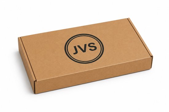 Bruine kartonnen verpakking met JVS logo in zwarte cirkel.