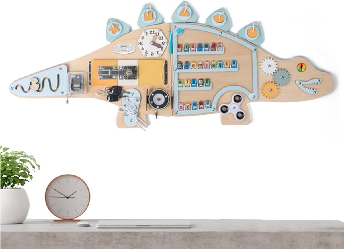 Sensorisch Bord - Activiteitenpaneel Wand - Ontwikkeling Kind - Splintervrij Hout - 46 x 29 x 10 cm - Dinosaurus