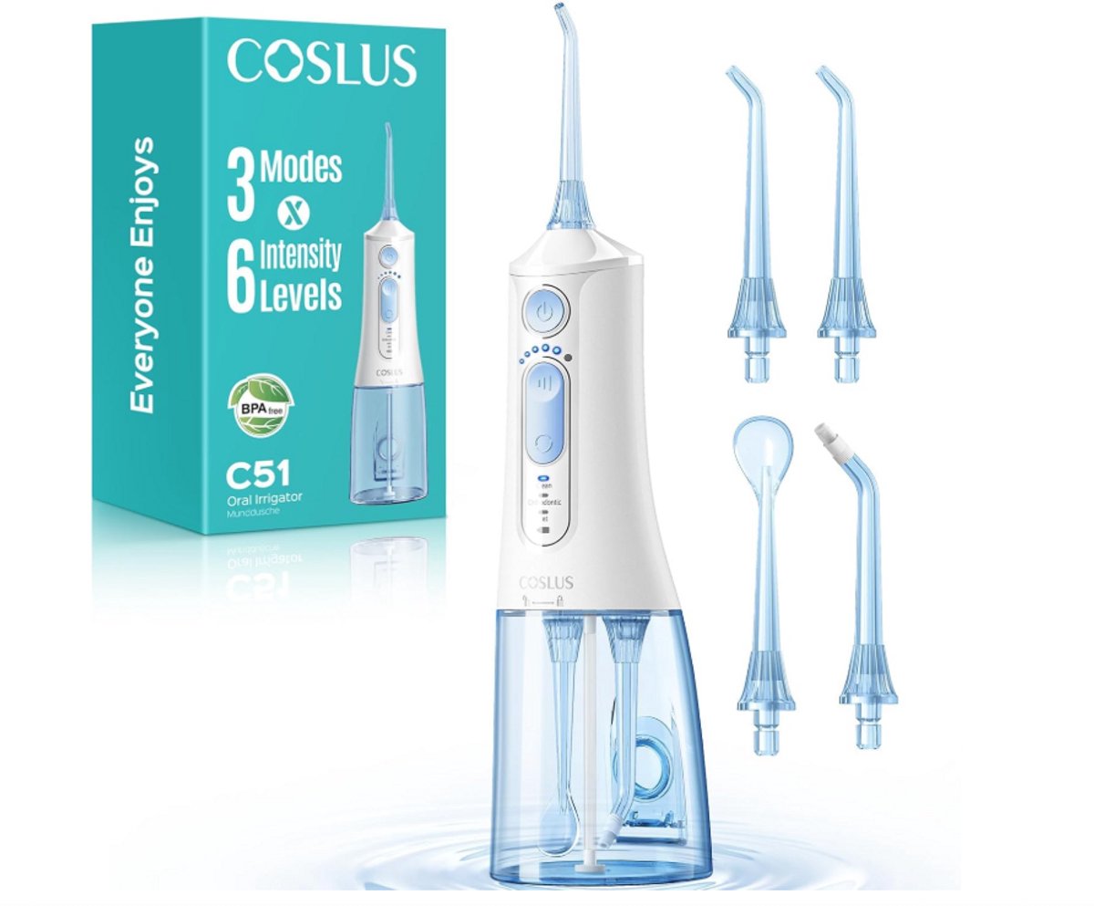 COSLUS C51 Waterflosser – Draadloze Monddouche met 3 Modi & 6 Drukniveaus – Waterflosser voor Beugel, Gevoelig Tandvlees & Orthodontie – Reisformaat