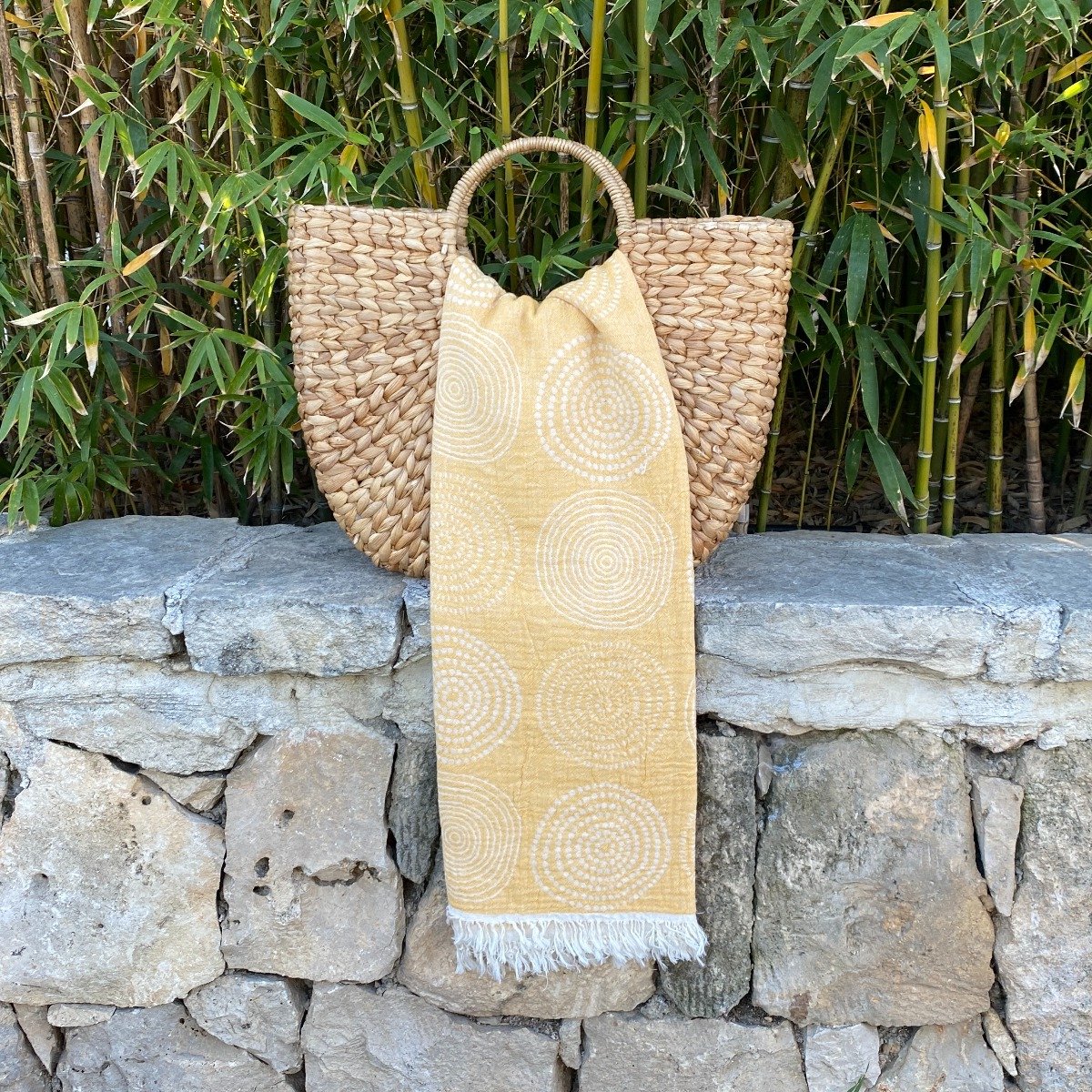 Fashion4wellness Hamamdoek Circle Mustard / FOUTA - STRANDLAKEN - SAUNADOEK - 95 x 175 CM KATOEN