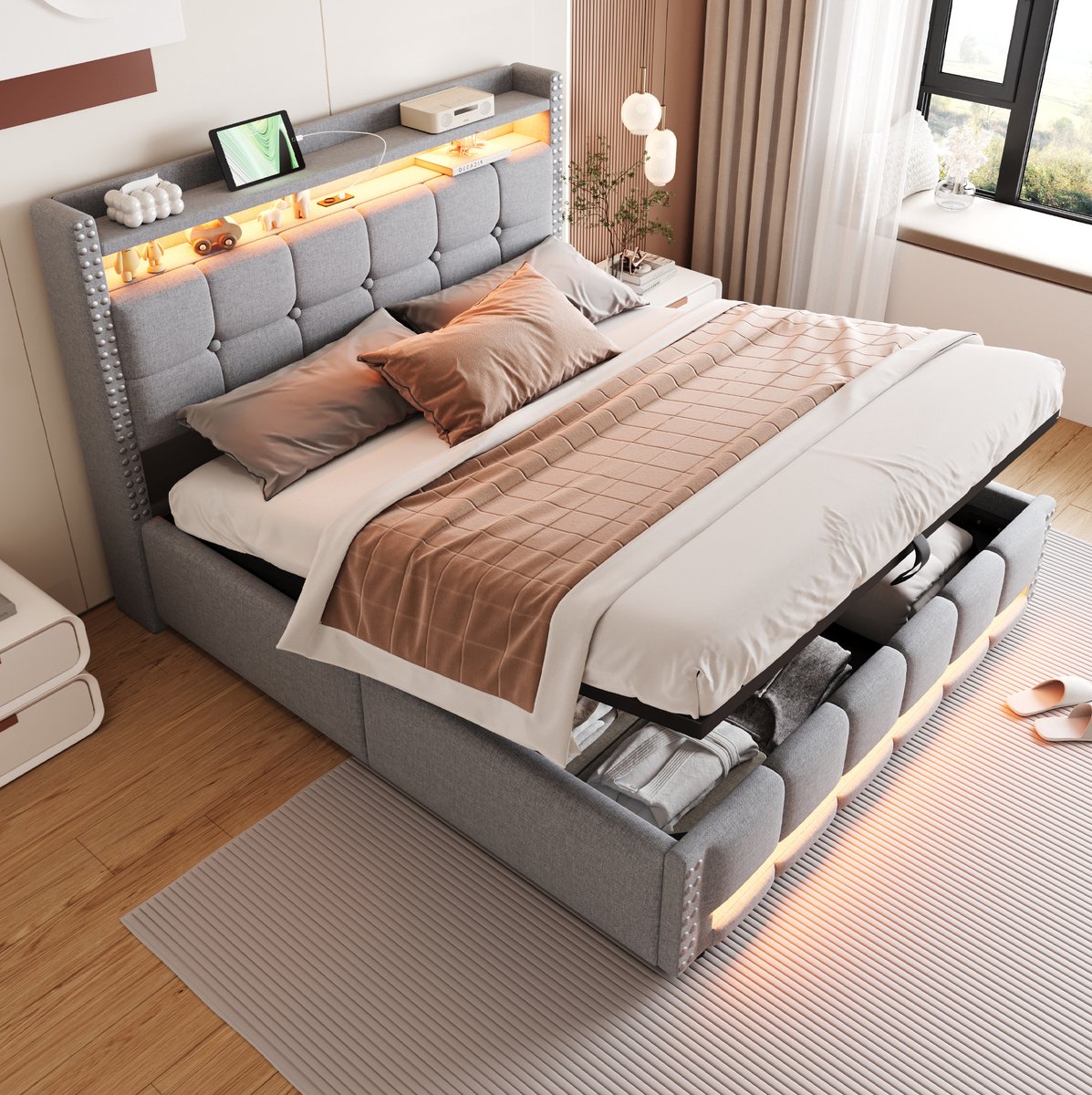 MEUNIQ gestoffeerd tweepersoonsbed 160x200 cm met LED-verlichting, USB-aansluiting, opbergruimte in hoofdbord en hydraulische bedberging, lichtgrijs