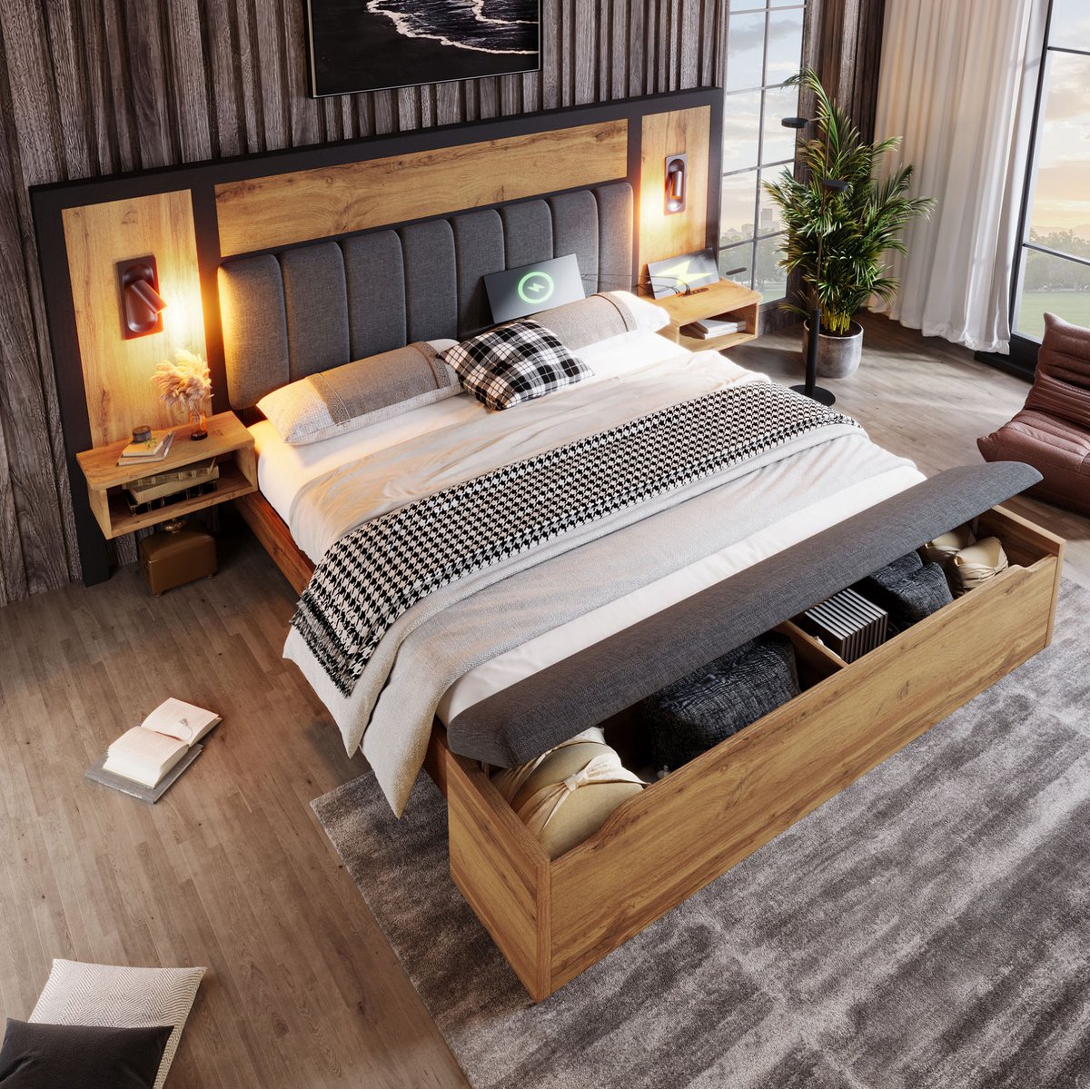MEUNIQ tweepersoons bed 180x200 met leeslampen, USB-C en nachtkastjes, bedframe met opberg