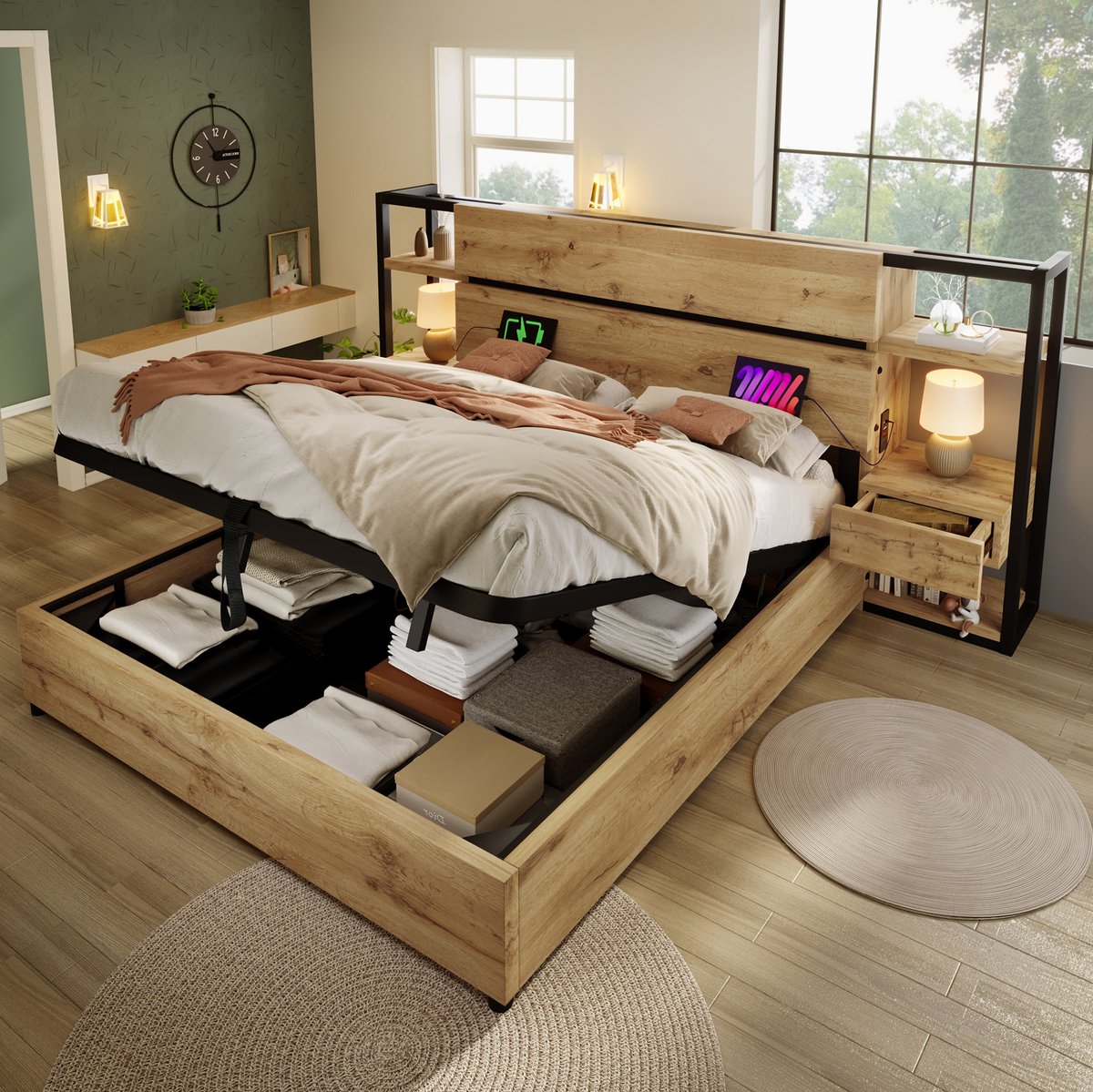 MEUNIQ tweepersoons bed 160x200 cm met opbergruimte, hoofdbord met lades en vakken, USB en Type-C, lattenbodem, slaapkamer, eiken
