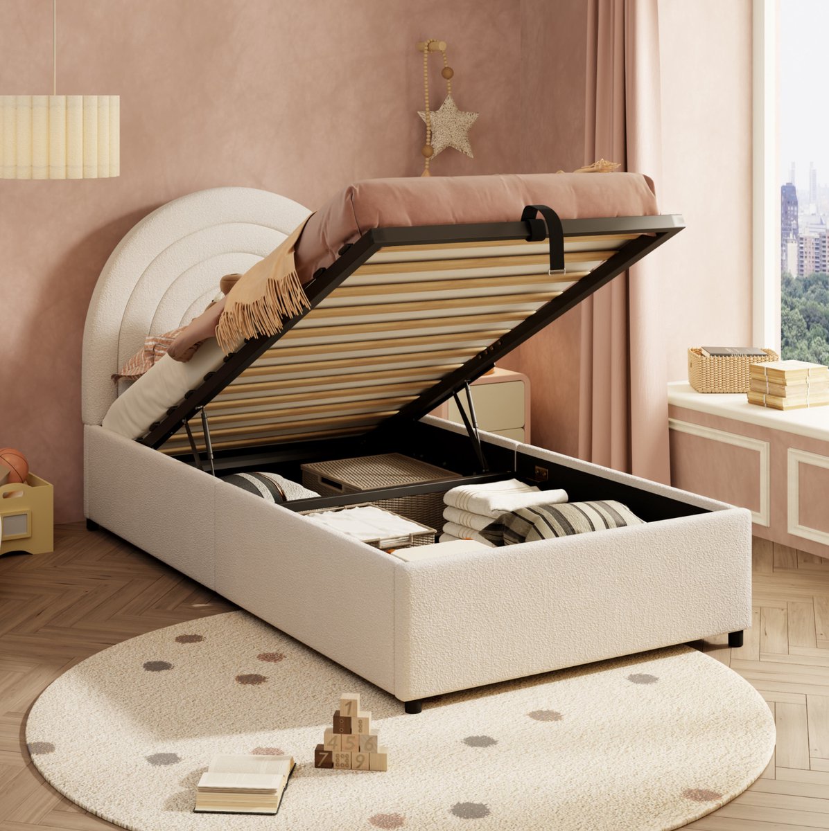 MEUNIQ gestoffeerd eenpersoonsbed 90 x 200 cm met lattenbodem, hydraulische opbergruimte, hoofdbord en ingebedde matraszone voor slaapkamer of kinderkamer, beige