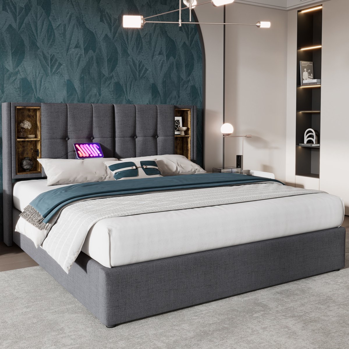 MEUNIQ tweepersoons stoffen bed 140x200 cm met opbergruimte, lattenbodem, draadloos laden, USB en USB-C, open vakken in hoofdbord, grijs