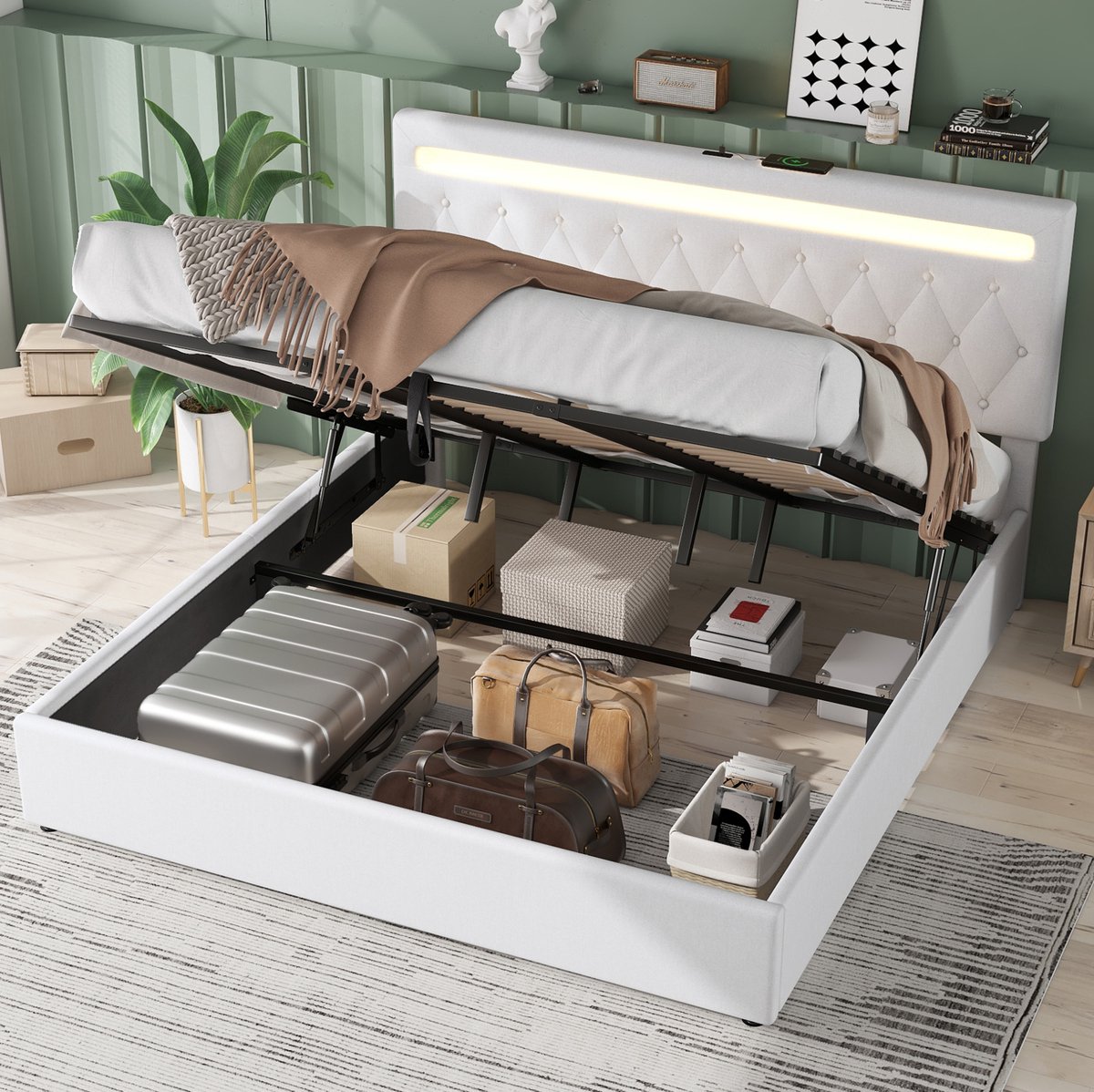 MEUNIQ tweepersoons bed 180x200 cm met hydraulische opbergruimte, LED sfeerverlichting, USB en USB-C, gestoffeerd bedframe voor slaapkamer, wit