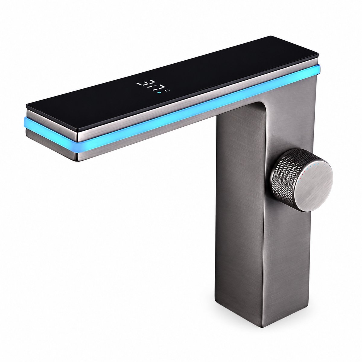 KARZO Digitale Wastafelkraan met Temperatuurdisplay - LED Verlichting - Waterval Uitloop - Eengats Mengkraan Badkamer - Gunmetal Grijs