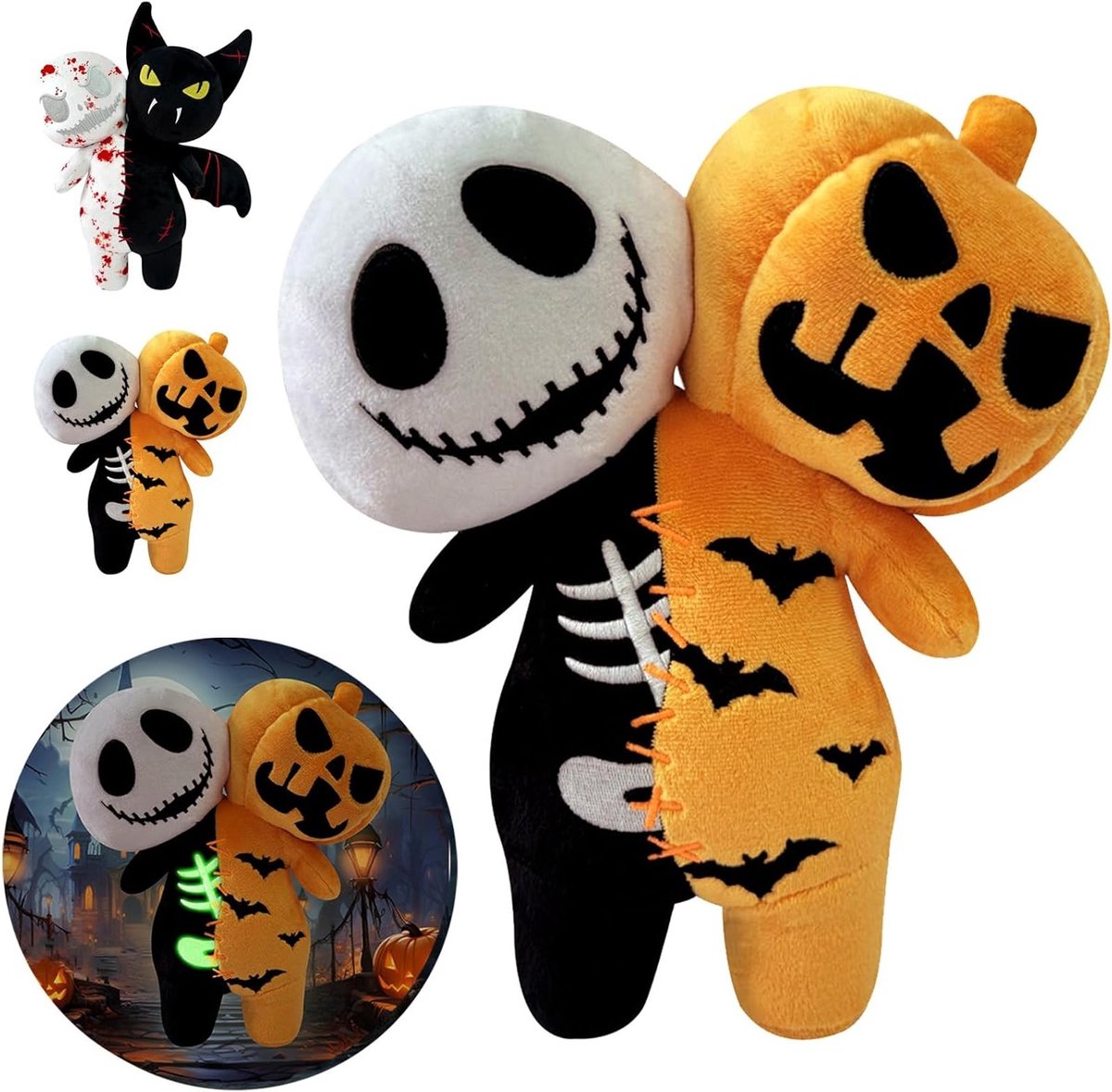 Halloween Kussen met Dubbele Hoofdskull en Pompoen, Pluche Decoratie voor Kinderen, Perfecte Cadeau voor Halloween Feestjes
