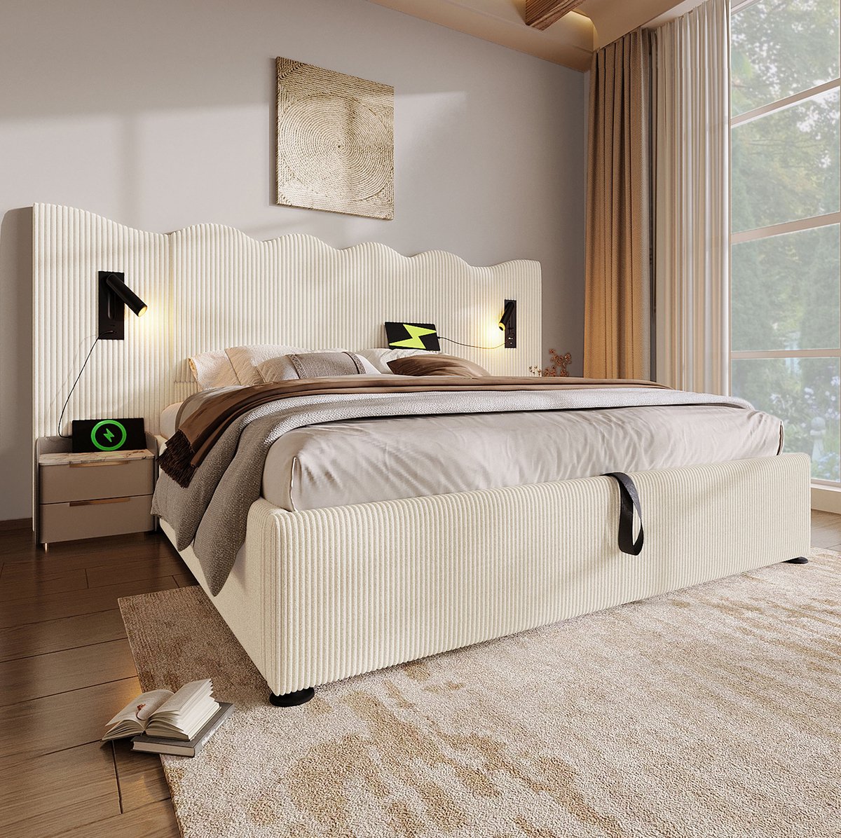 MEUNIQ gestoffeerd tweepersoons bed 180x200 met opbergruimte, leeslamp en 2 USB + 2 Type-C
