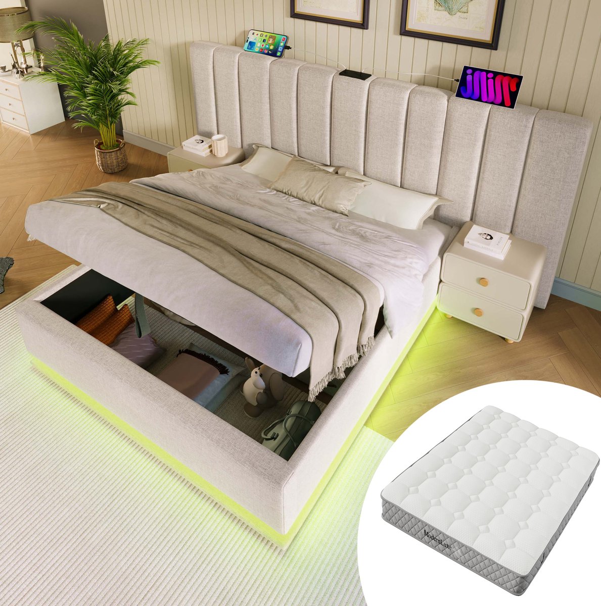MEUNIQ Polsterbed 180 x 200 cm met matras, opbergruimte, LED-verlichting en 3 USB + 1 USB-C, tweepersoons bedframe met lattenbodem voor slaapkamer, beige