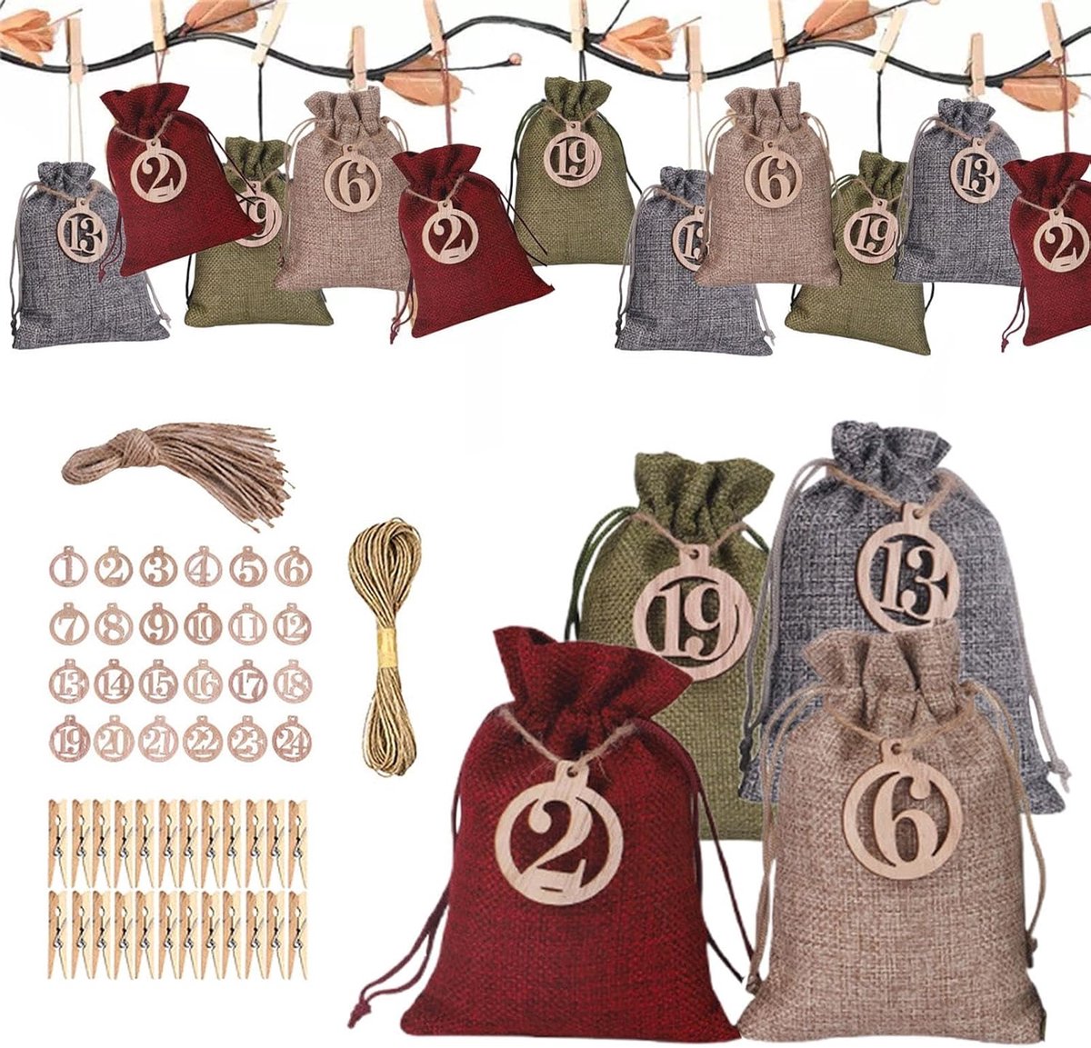 Kerstcadeau Zakjes - Adventskalender Zakjes - Cadeaus Vullen - Met Hangers - 24 Stuks - Multicolor