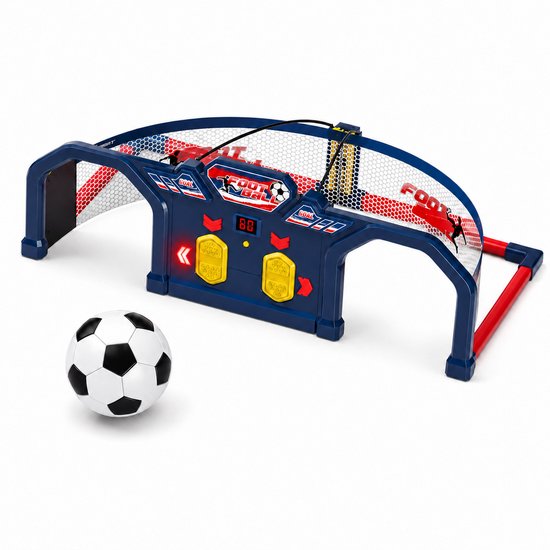 Blauwe voetbaltrainer met rode steunen en net, met een zwart-wit voetbal ervoor.