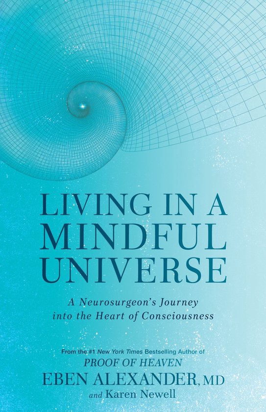 Boekcover voor 'Living in a Mindful Universe' met blauw raster dat naar een punt in de verte draait.