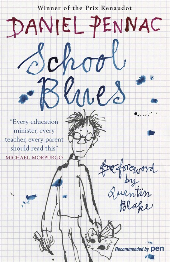 Couverture du livre "School Blues" de Daniel Pennac. Illustration d'un personnage avec des lunettes, tenant un sac. Fond à carreaux gris.