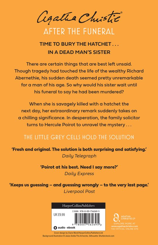 Boekomslag Agatha Christie 'After the Funeral'. Oranje achtergrond met tekst. Inclusief recensies.