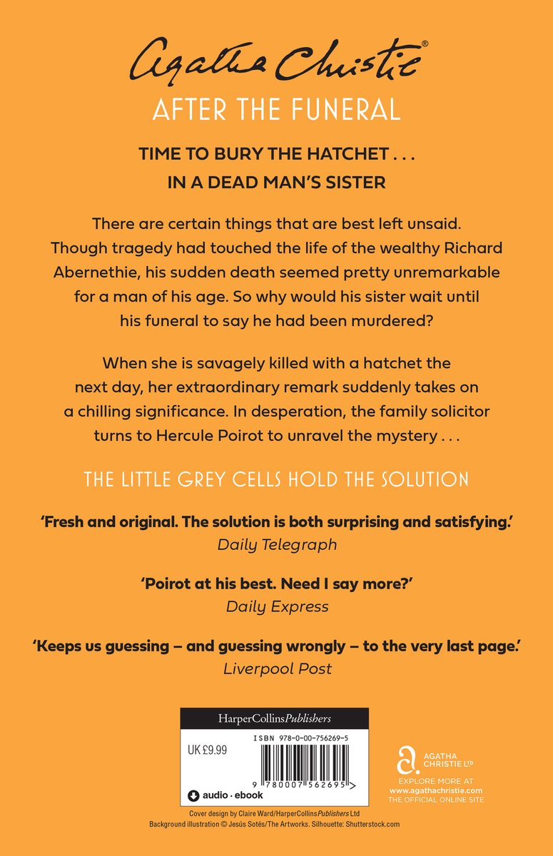 Boekomslag Agatha Christie 'After the Funeral'. Oranje achtergrond met tekst. Inclusief recensies.