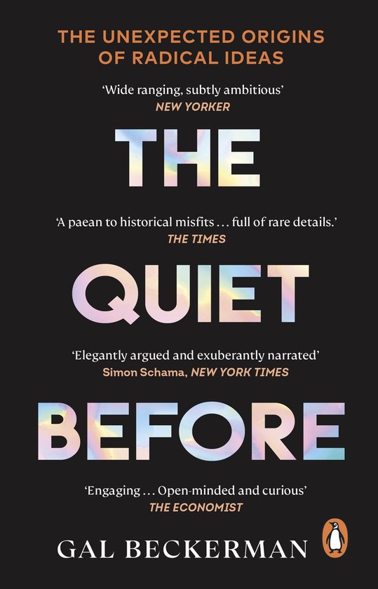 Boek kaft met de titel "The Quiet Before" in gekleurde letters op een zwarte achtergrond.