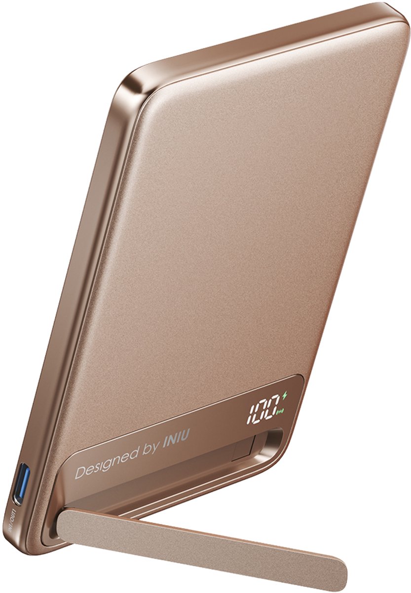 Iniu, Powerbank 5.000 mAh - Geschikt voor MagSafe - MagPro Slim Qi2 15W - Met Standaard & USB-C Kabel, Beige