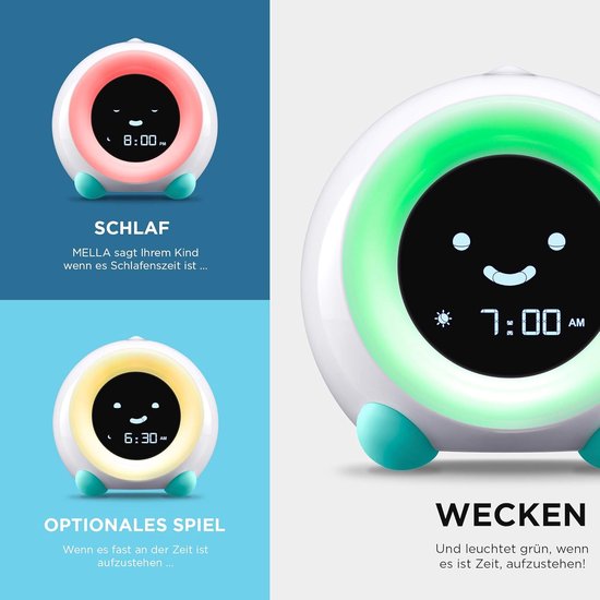 Kinderwekker Slaaptrainer - Nachtlamp Geluidsmachine - Kind Langer Slapen - Met Kleur En Mimiek - 11 cm Hoog - Blauw — afbeelding 3