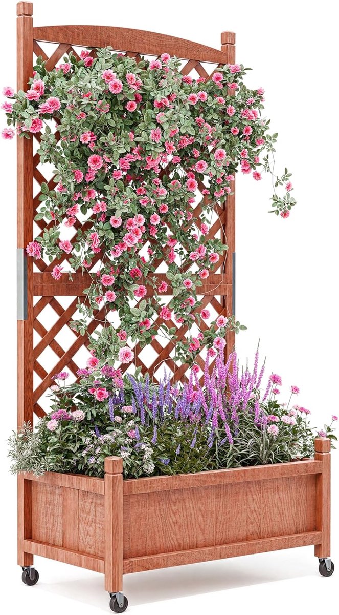Verrijdbare Houten Plantenbak met Trellis - Verhoogde Kweekbak op Wielen - 75 x 66 x 156 cm - Met Afwateringsgaten - Mobiel Klimrek voor Klimplanten, Bloemen en Kruiden - Voor Balkon, Terras en Tuin