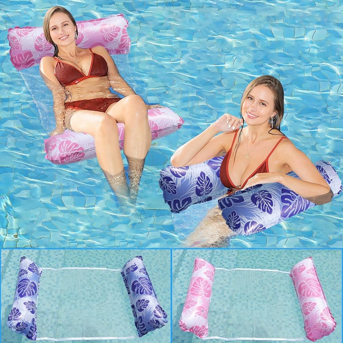 YAGXIG 2-delige opblaasbare zwembadhangmat - 4 in 1 zwembadligstoel met net - opblaasbaar zwembadmatras - zwemboei - zwembadaccessoires voor volwassenen - waterhangmat, zwembadspeelgoed voor volwassenen, 118 x 68 cm