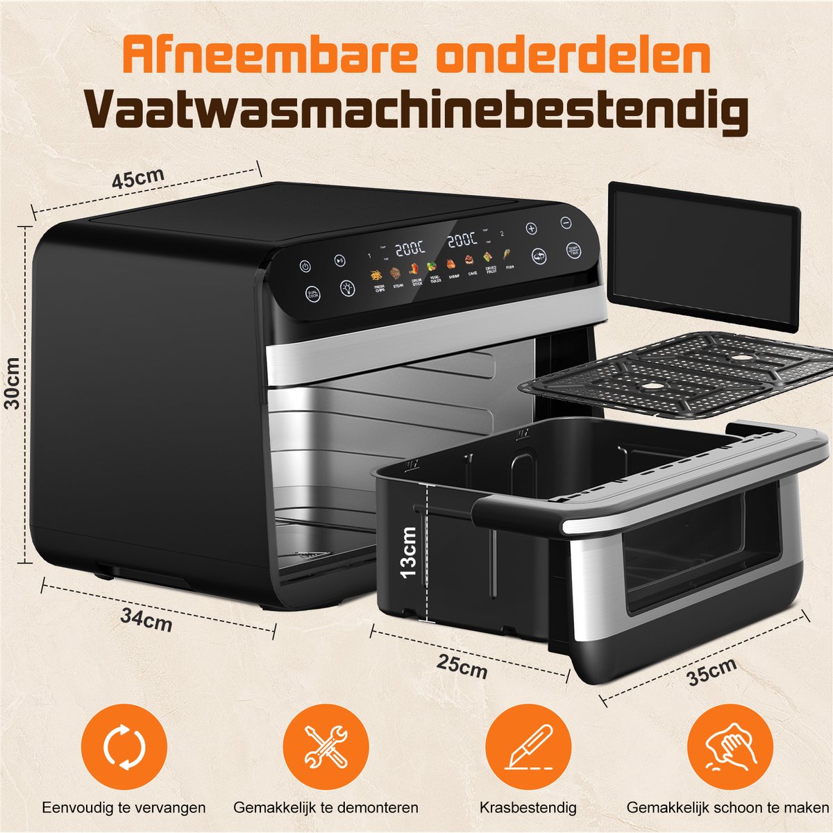 Fukstern Airfryer XXL 11L – Grote Airfryer met Flexibele Basket, Uitneembare Scheidingswand & Kijkvenster – Touchscreen – Onafhankelijke Temperatuurregeling – 2600W – 8 Programma's – PFAS-vrije Metalen Anti-aanbakmand – Zilver thumbnail 5