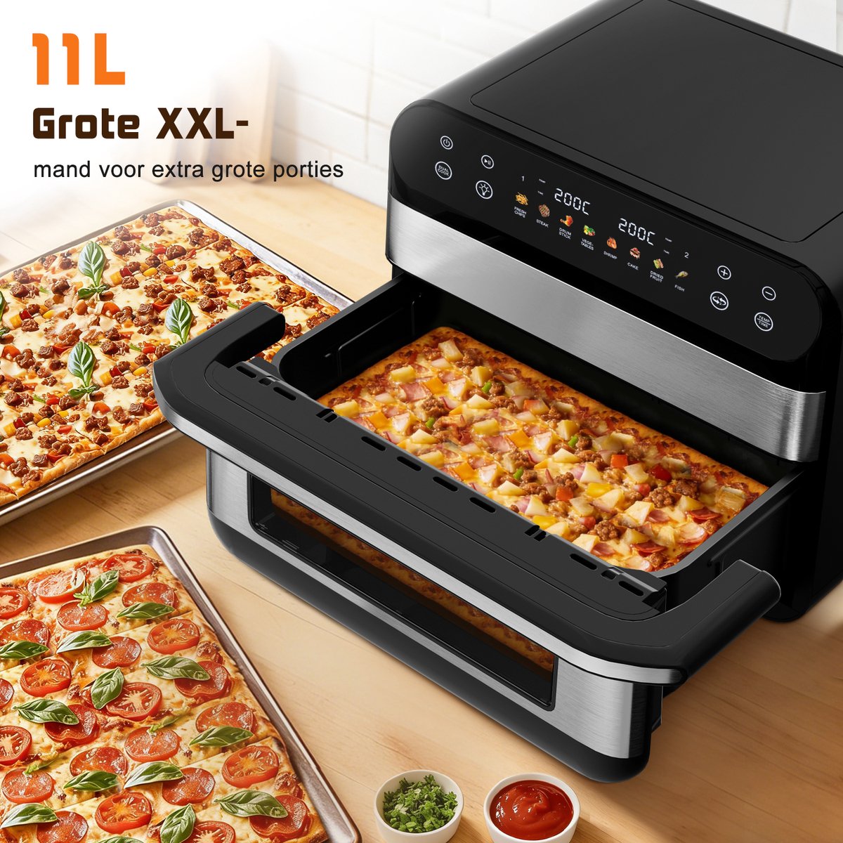Fukstern Airfryer XXL 11L – Grote Airfryer met Flexibele Basket, Uitneembare Scheidingswand & Kijkvenster – Touchscreen – Onafhankelijke Temperatuurregeling – 2600W – 8 Programma's – PFAS-vrije Metalen Anti-aanbakmand – Zilver thumbnail 2