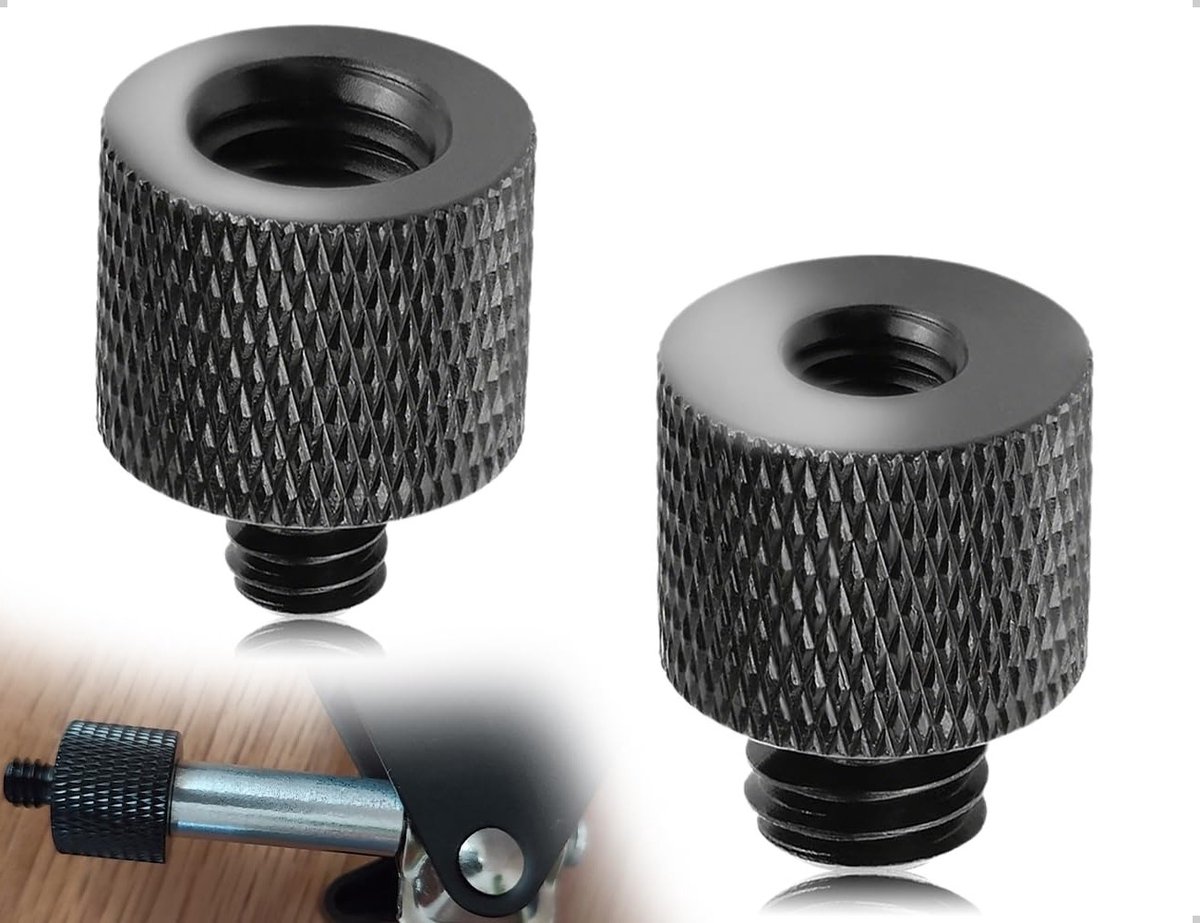 Set van 2 schroefdraadadapters voor statieven, aluminium 3/8 inch naar 1/4 inch en 1/4 inch naar 3/8 inch, ideaal voor microfoons en camerastatieven, zwart en duurzaam