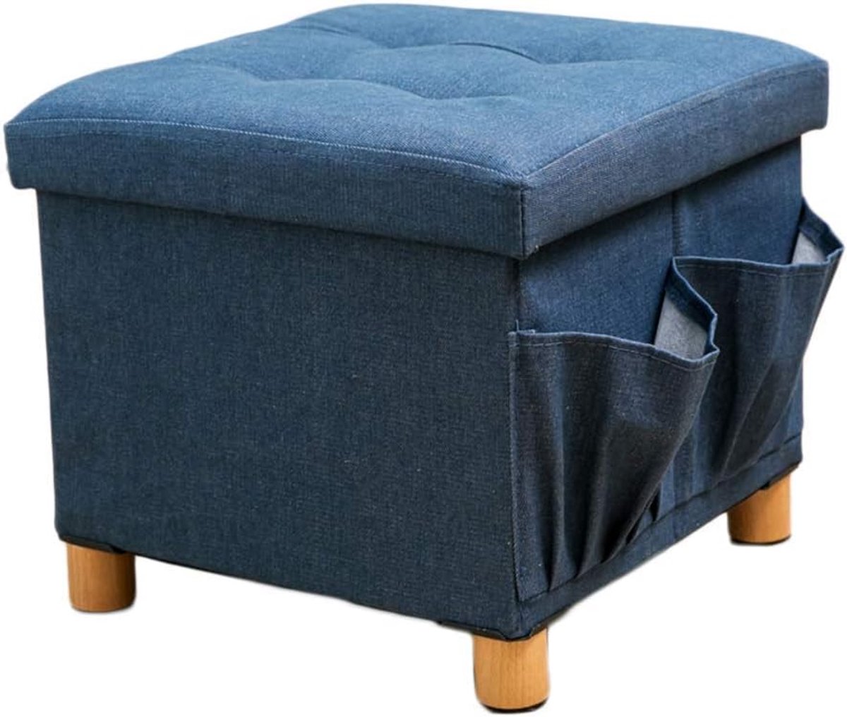 Opvouwbare Opbergbank - Zetel en Kist - Ruimte Besparen - Met Houten Poten - 38x38x38 cm - Marineblauw