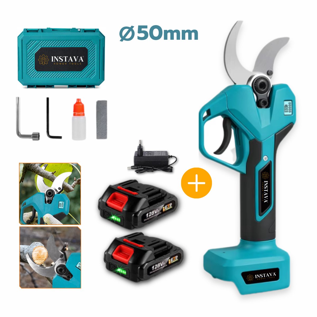 Instava Elektrische Snoeischaar 50 mm – 2x Accu – Geschikt voor Makita LXT 18V Accu – Brushless Motor – LED Display – Inclusief Accessoires & Opbergkoffer